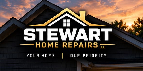 Stewart Home Repairs branding over a home at sunset.