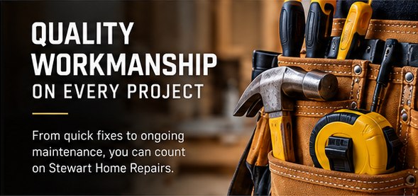 Home repair tools and a workmanship message in Stewart Home Repairs artwork.